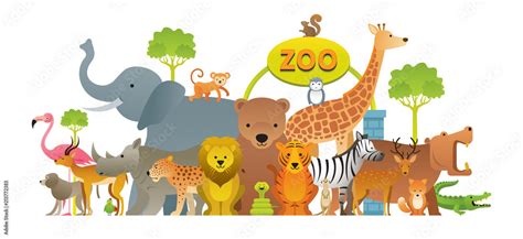 Group of Wild Animals, Zoo, Entrance Sign, Kids and Cute Cartoon Style ...