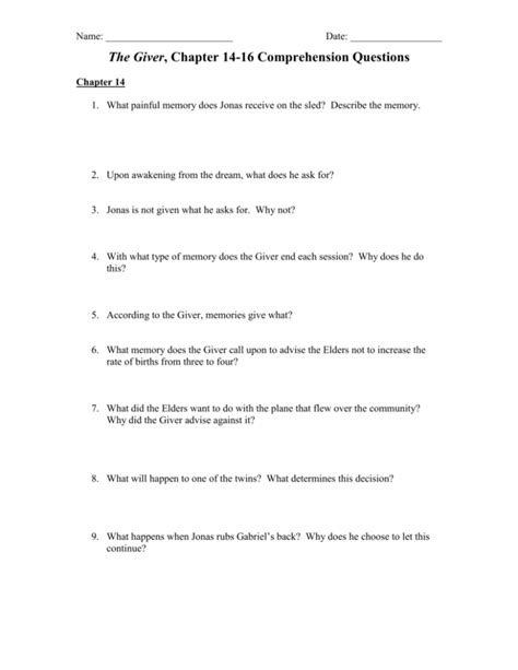 The Giver, Chapter 14-16 Comprehension Questions