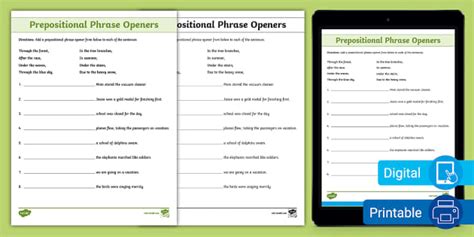 Prepositional Phrase Openers Activity Sheet for 3rd-5th Gr