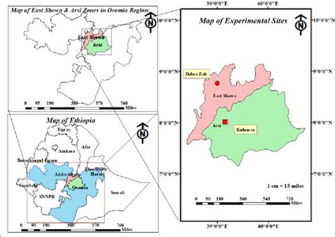 Map of Ethiopia, Oromia Region, and East Shewa and Arsi Zones showing ...