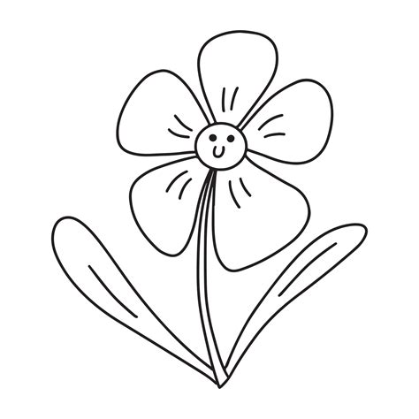 Black and white smiling face daisy chamomile flower doodle. Outline ...