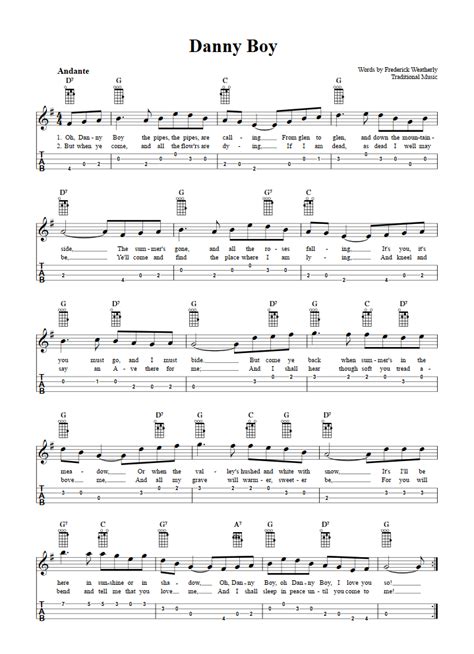 Danny Boy - Easy Baritone Ukulele Sheet Music and Tab with Chords and ...