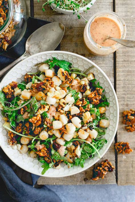 Bay Scallop Corn Salad - with Baby Kale and Savory Tart Cherry Granola