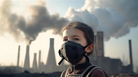 Children wearing masks to prevent air pollution Behind is the factory ...