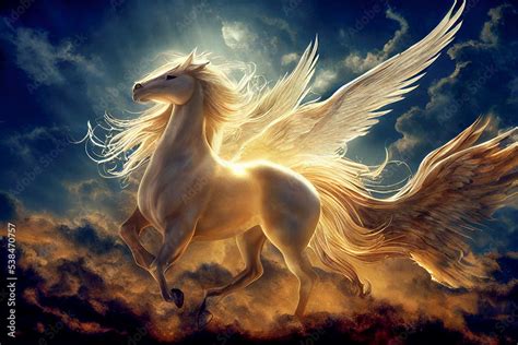 Majestic Pegasus horse flying high above the clouds. Flight of the ...