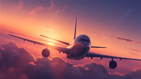 This Airplane Is Flying Through The Clouds At Sunset Background, Plane ...