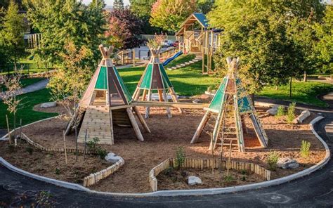 an aerial view of a playground in the park