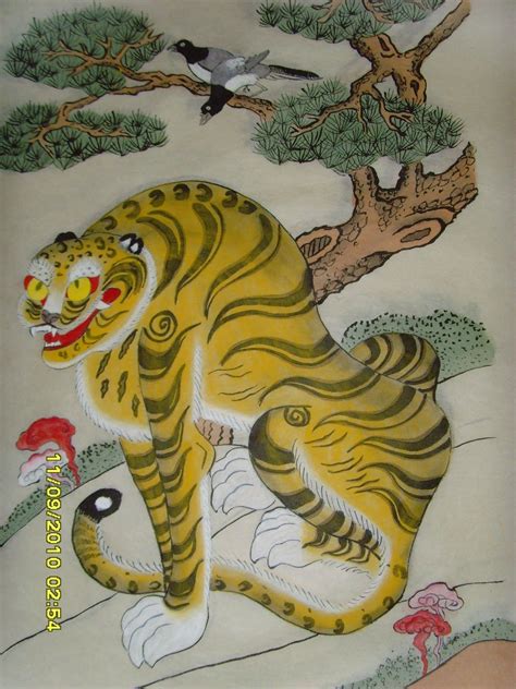 Korean Tiger Painting | tiger and birds needs a coat of coffee beans to ...