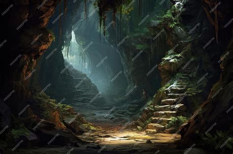 Premium AI Image | a dark forest with stairs leading to the entrance