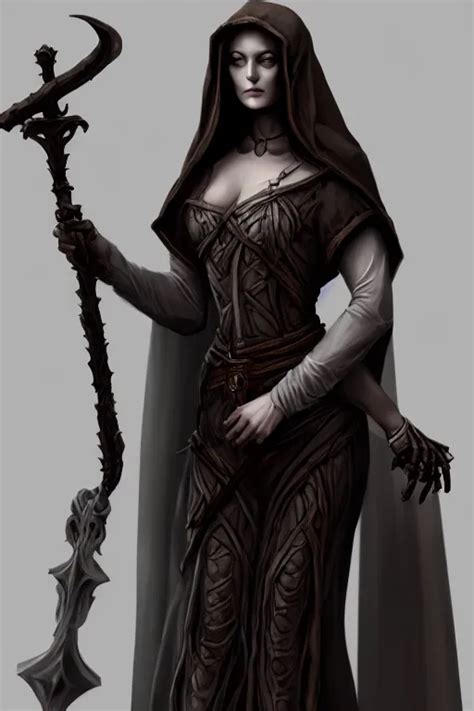 Gorgeous necromancer woman, DnD, dark grey robes, bone | Stable Diffusion