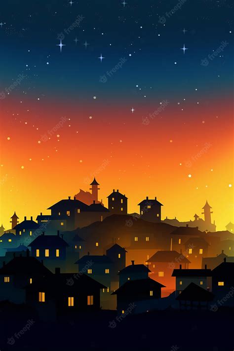 Premium Photo | A cartoon illustration of a town at night with a sunset ...