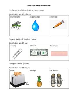 Milligrams, Grams, and Kilograms Reference Chart Handout Mass Math Science