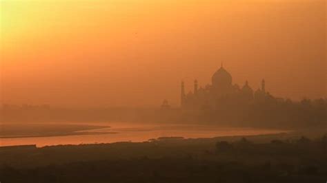 Taj Mahal Sunrise Seen Over River Stock Footage Video (100% Royalty ...