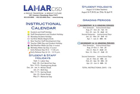 Travis Elementary - School District Instructional Calendar - Lamar Cisd ...