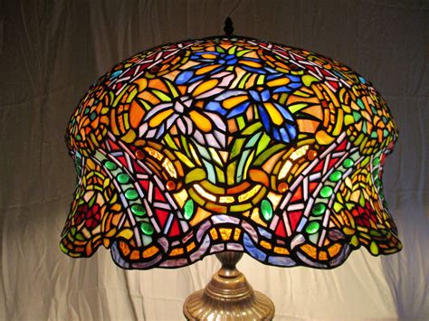 Antique Stunning Large Tiffany Style Stained Glass Table Lamp~3 Bulbs ...