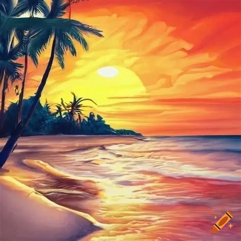 Hyper realistic drawing of a tropical beach landscape with palm trees ...