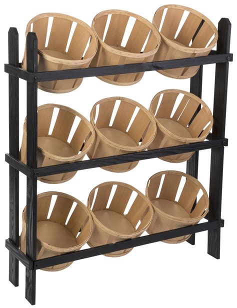 Basket Display Stand | 9 Oak Stain Bins on Black Frame