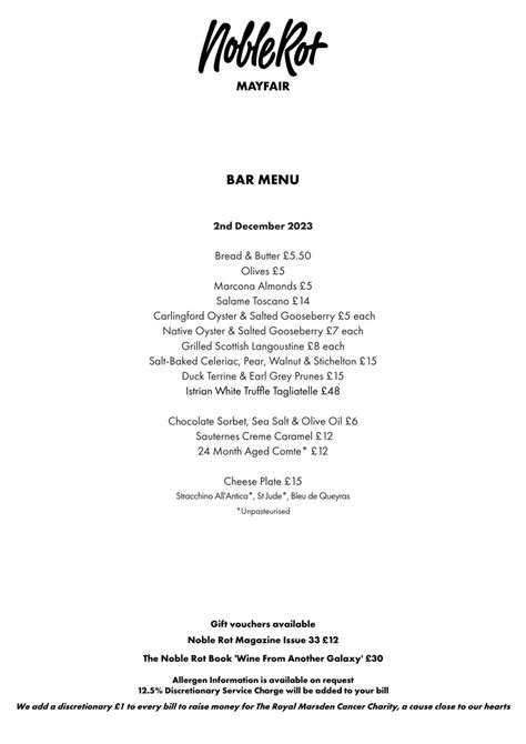 Noble Rot – Mayfair London's full menu online