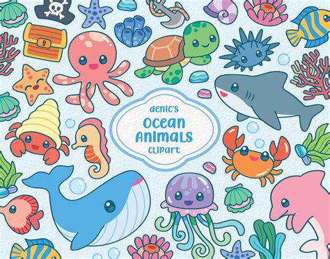 Ocean Animals Clipart, Sea Creatures, Kawaii Mermaid Friends, Cute ...