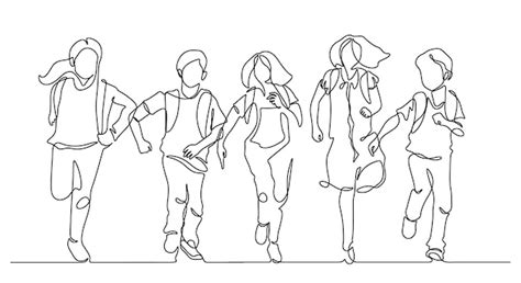 Premium Vector | Continuous line drawing of friends group enjoy school ...