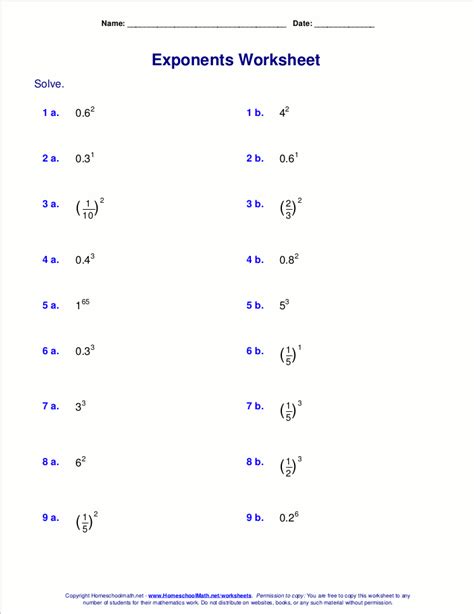 Free exponents worksheets