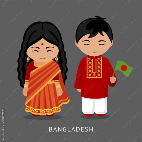 Bangladeshi in national dress with a flag. Man and woman in traditional ...