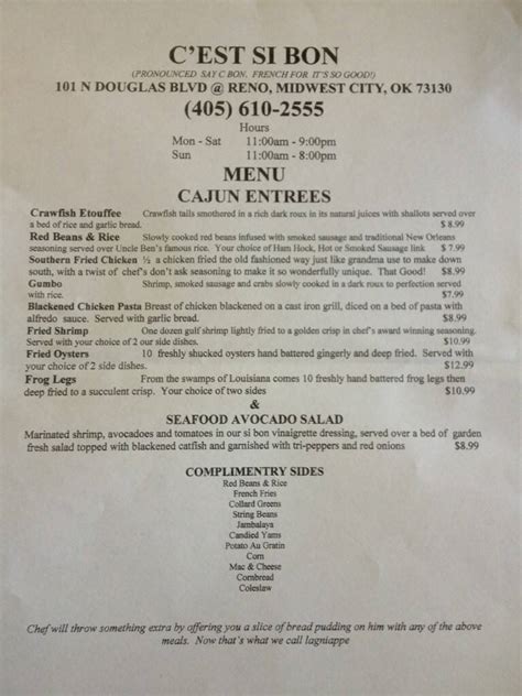 Menu at C'est Si Bon - Catfish and Po-Boys (Midwest City) restaurant ...