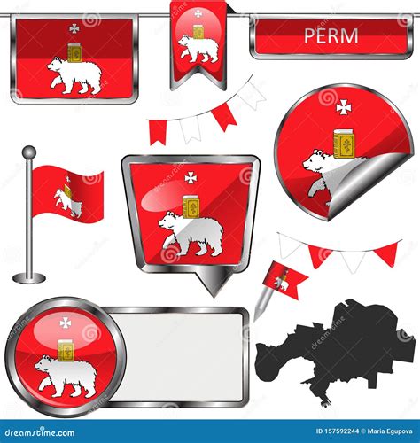 Glossy Icons with Flag of Perm Stock Vector - Illustration of perm ...