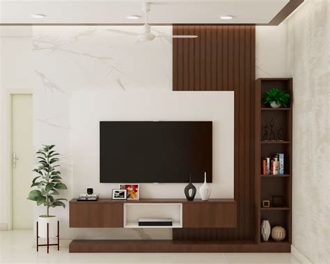 Spacious TV Unit Design In White And Wood With Fluted Panels | Livspace