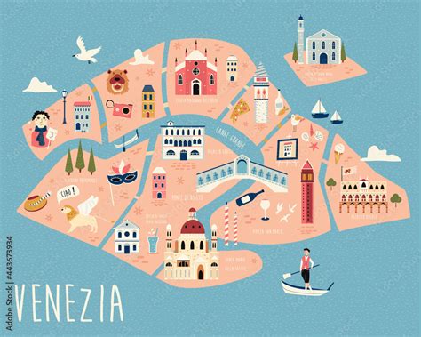 Illustrated map of Venice with famous symbols, landmarks and building ...