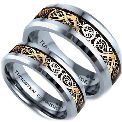 His and Hers Matching Tungsten Celtic Dragon Wedding Couple Rings Set