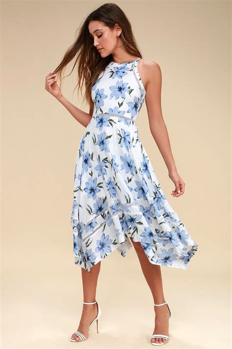 Blue and White Floral Print Mini Dress, Crop Top & Midi