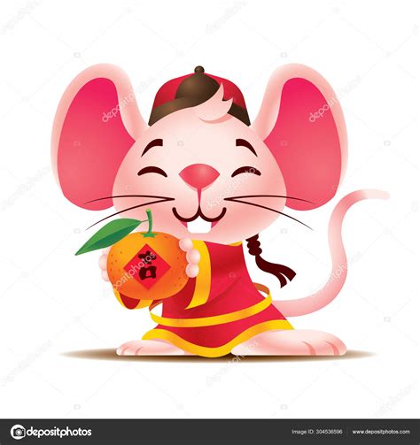 Cartoon Cute White Rat Big Ears Wears Traditional Chinese Jacket ...