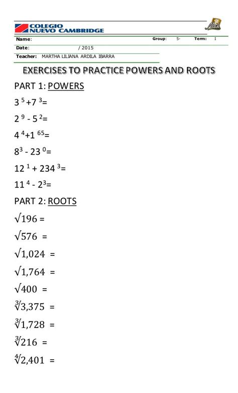 Powers And Roots Worksheet Year 8