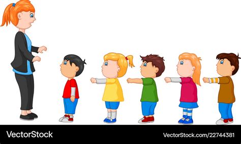 Kids with arms up standing in line front Vector Image