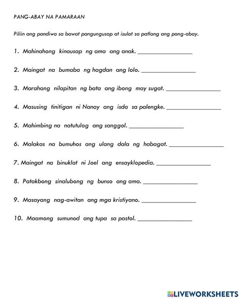 Pang-abay na pamaraan interactive worksheet | School template, Workbook ...