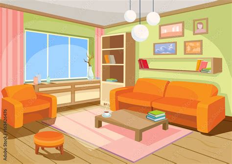 Vector illustration of a cozy cartoon interior of a home room, a living ...