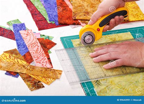 Process Cutting Fabric Pieces By Rotary Cutter On Mat Using Ruler Stock ...