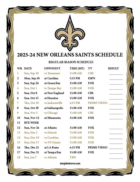 Printable 2023-2024 New Orleans Saints Schedule