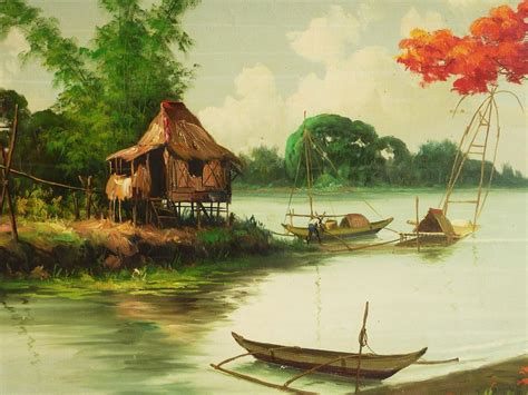 Filipino art tropical landscape painting dated 1968 signed R.P. Pasno ...