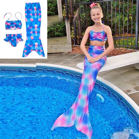 3PCS Girl Kids Mermaid Tail Swimmable Bikini Set Bathing Suit Fancy ...