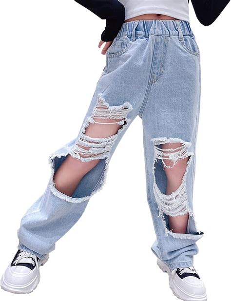 Amazon.com: NABER Kids Girls Elastic Waist Cool Ripped Jeans Washed ...