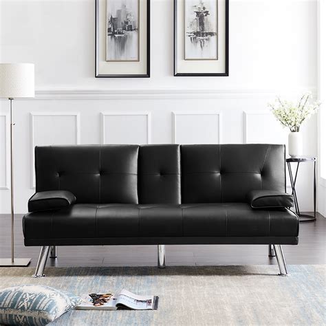 Veryke Modern PU Leather Convertible Futon Sofa Bed with Armres and 2 ...