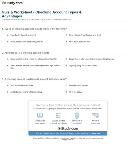 Quiz Worksheet Checking Account Types Advantages — db-excel.com