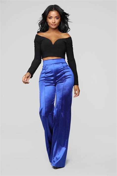 Trendy clothing ideas satin dress pants, fashion model, electric blue ...