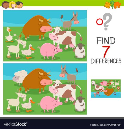 Differences game for kids with farm animals Vector Image