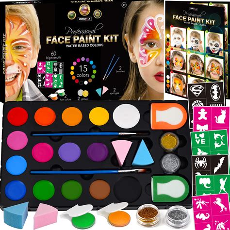 Face Paint Kit for Kids - 60 Jumbo Stencils, 15 Large Water Based ...