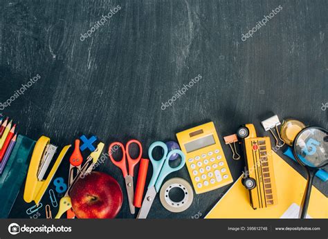 Top View School Bus Model Ripe Apple School Supplies Black Stock Photo ...