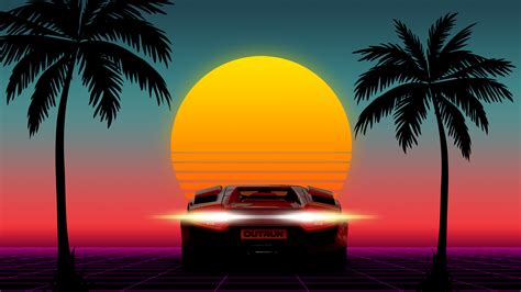 #449959 OutRun, sunset, neon, Lamborghini, 8-bit, 80s, car, 1980s, palm ...