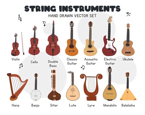 String instruments vector set. Simple cute violin, cello, double bass ...